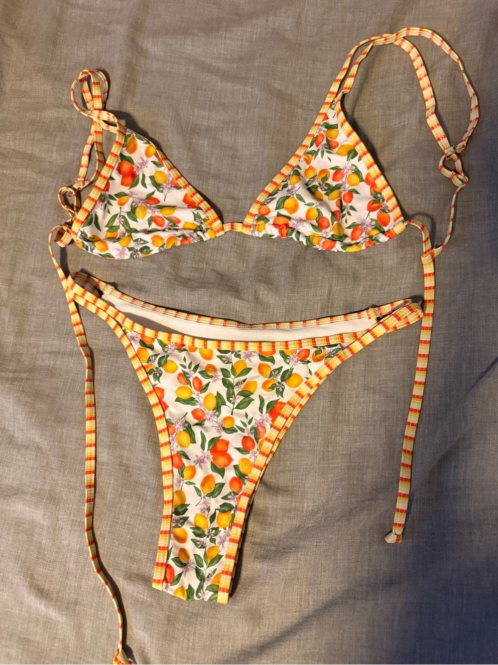 SHEIN White Citrus Print Triangle Bikini with Orange Trim